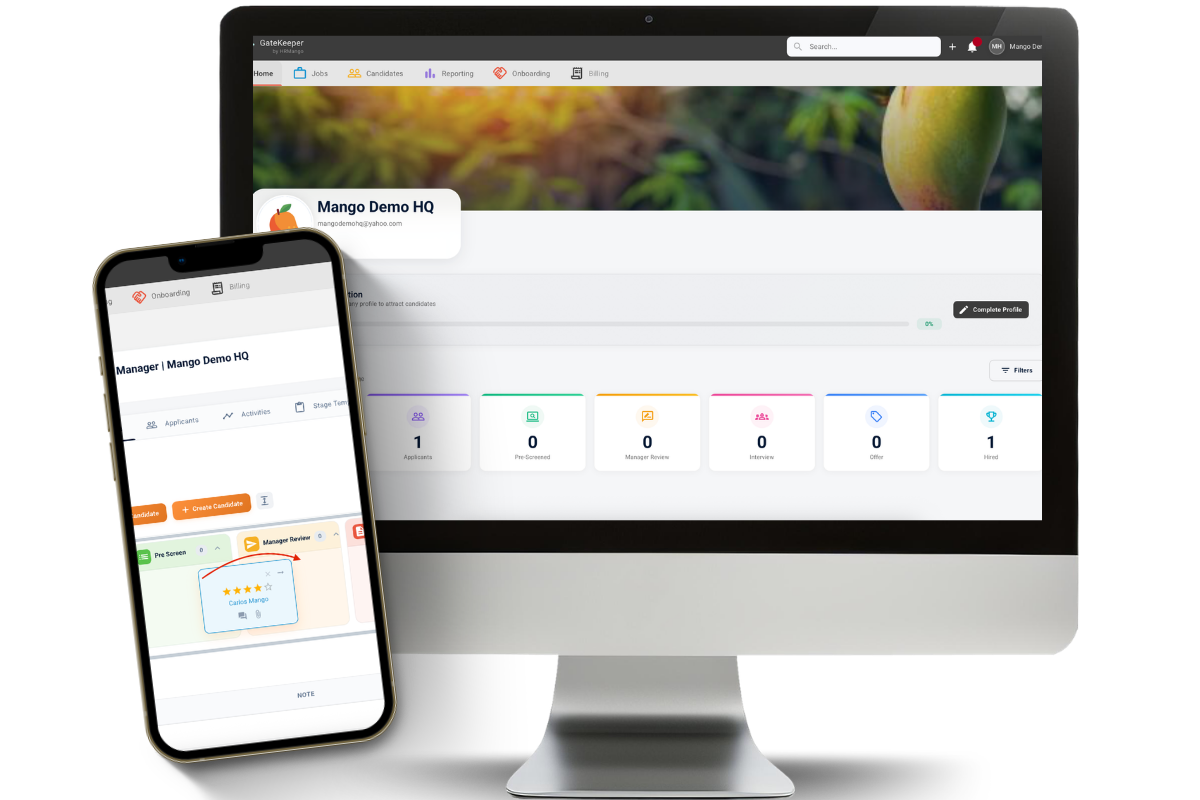 GateKeeper small business applicant tracking system desktop and mobile view by HRmango for recruiting services, small business recruiting & hr services